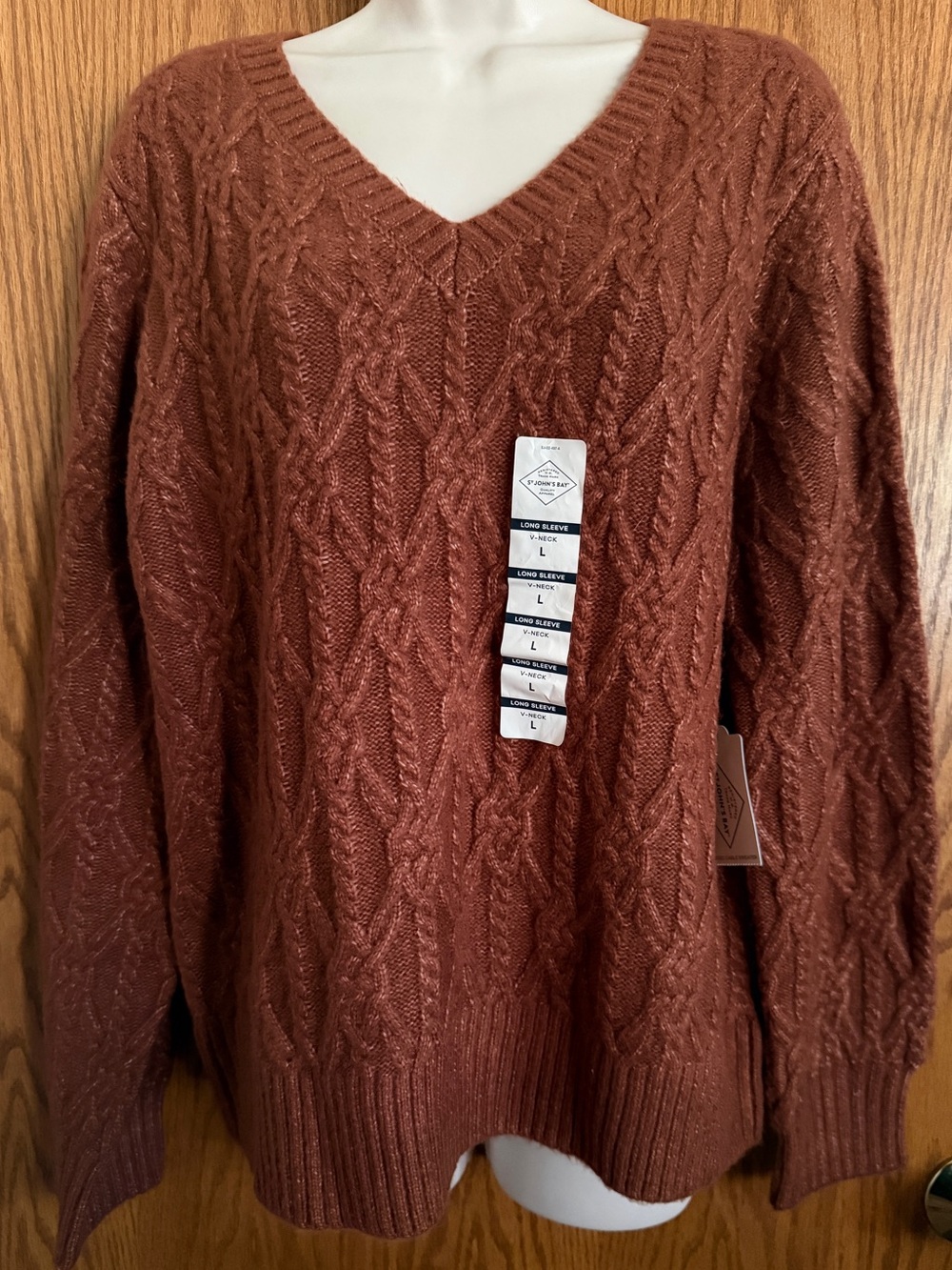 St. John's Bay Brown Cable Knit Sweater Pullover V-Neck Long Sleeve Women's Sz L